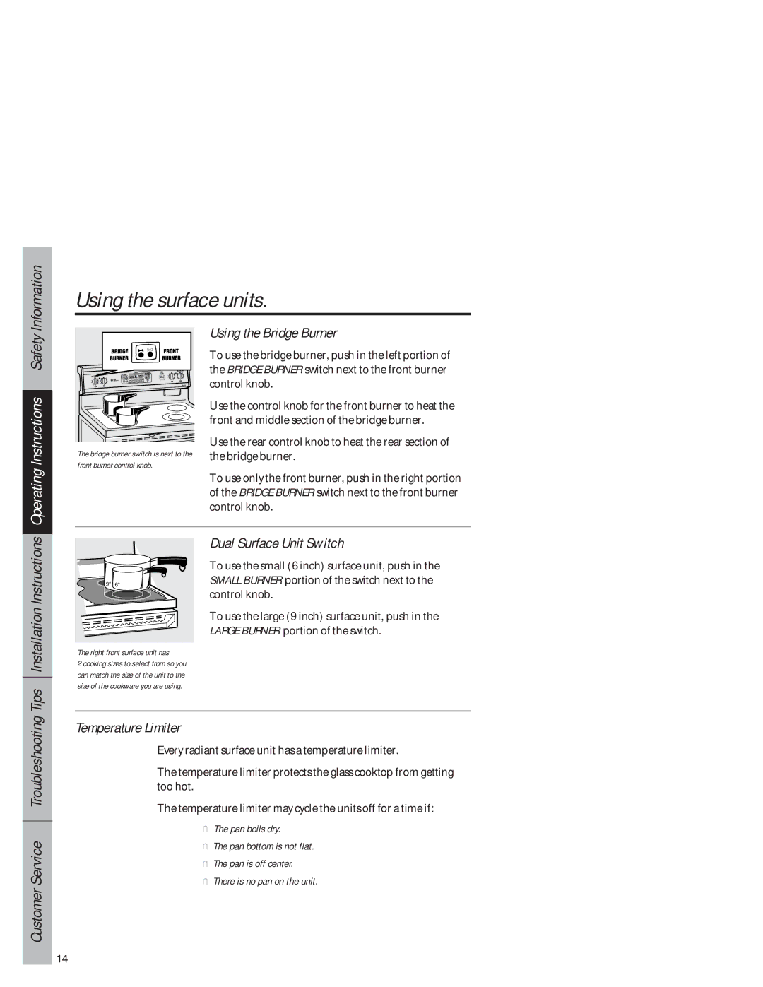 GE JB940 owner manual Using the Bridge Burner, Tips Installation Instructions, Dual Surface Unit Switch 