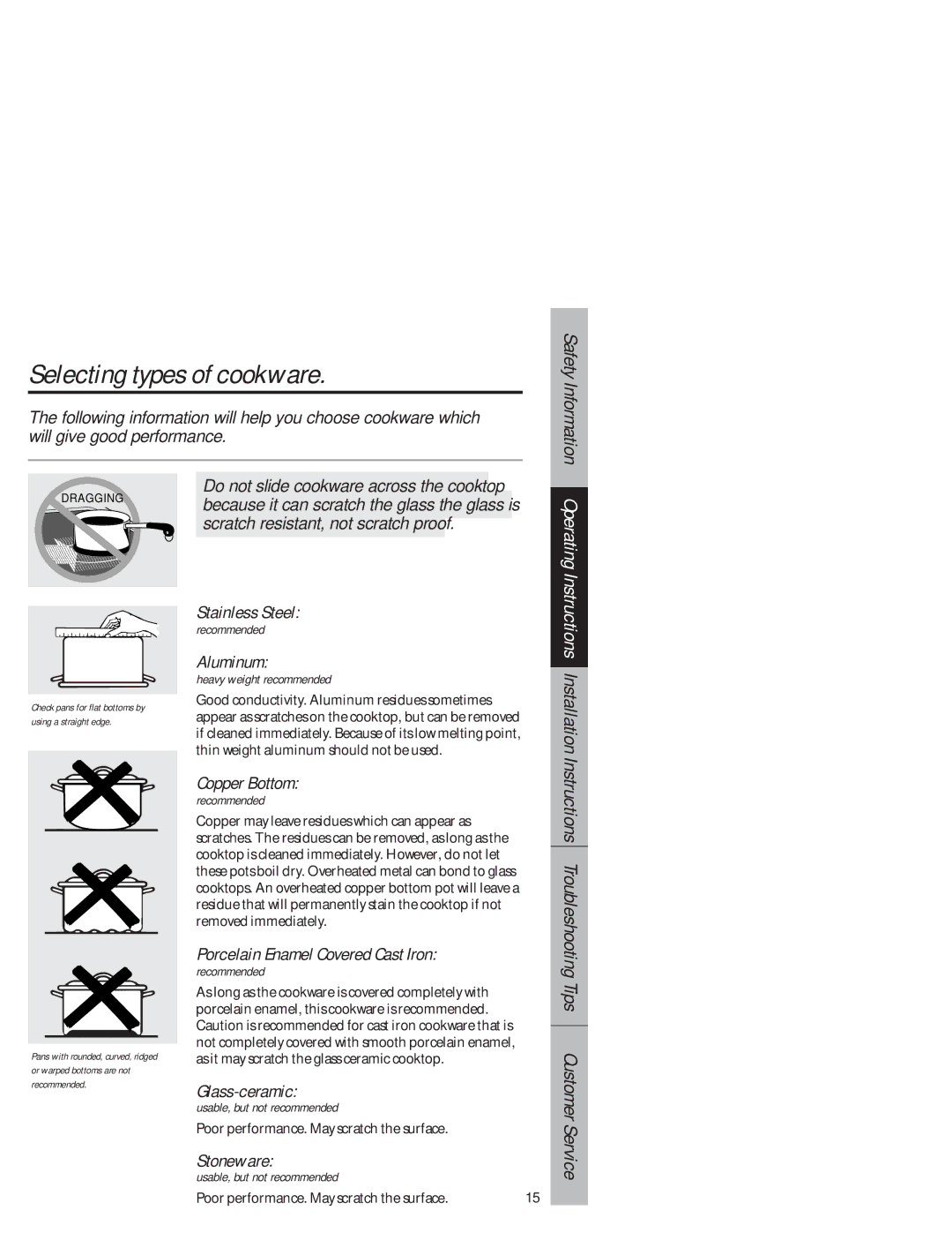 GE JB940 owner manual Selecting types of cookware 