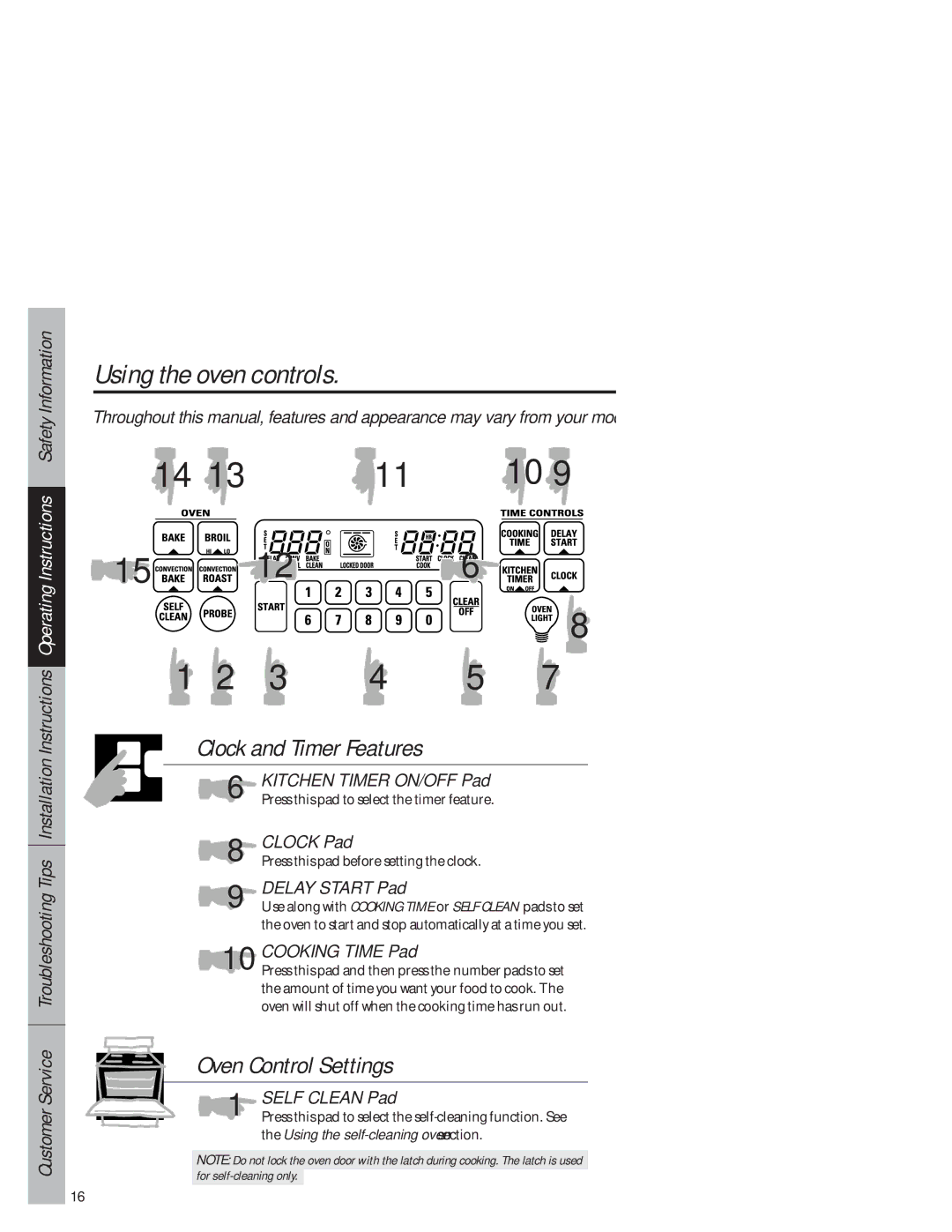 GE JB940 owner manual Using the oven controls, Delay Start Pad, Cooking Time Pad, Self Clean Pad 