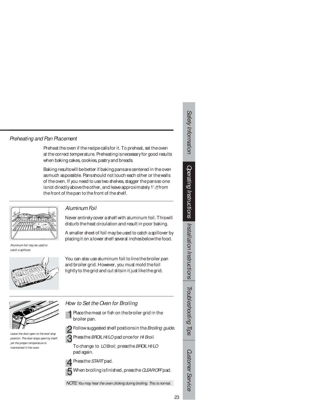 GE JB940 owner manual Preheating and Pan Placement, Aluminum Foil, How to Set the Oven for Broiling 