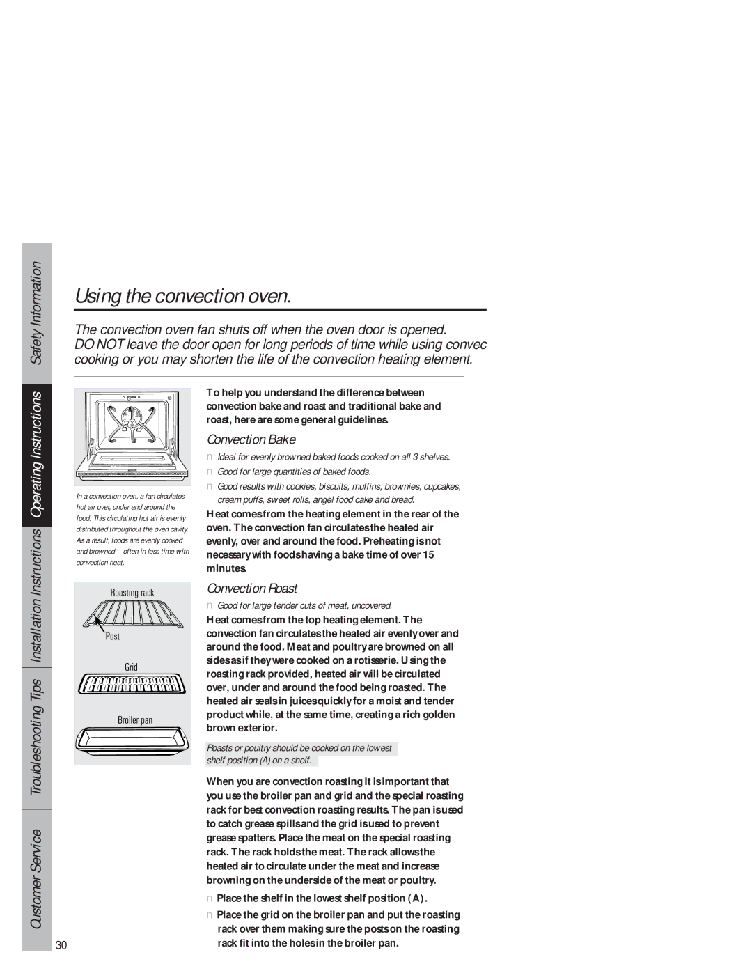 GE JB940 Using the convection oven, Convection oven fan shuts off when the oven door is opened, Convection Bake 