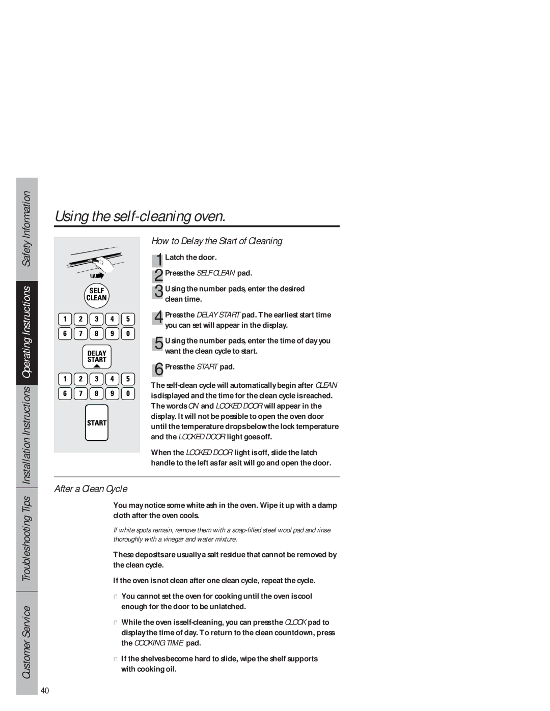 GE JB940 owner manual How to Delay the Start of Cleaning, After a Clean Cycle 