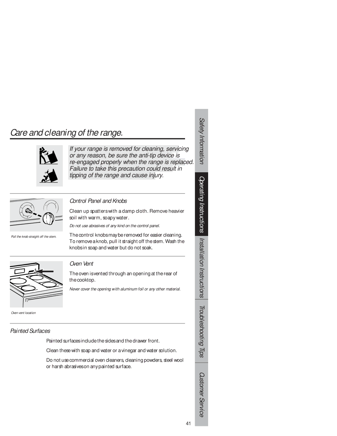 GE JB940 owner manual Care and cleaning of the range, Control Panel and Knobs, Oven Vent, Painted Surfaces 