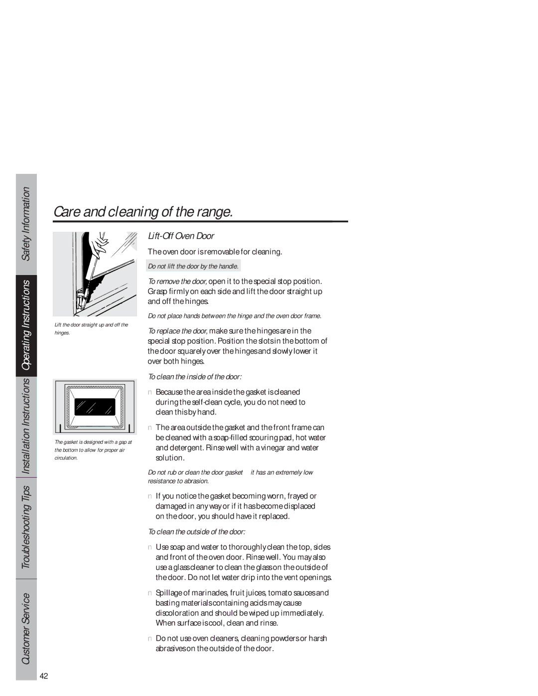 GE JB940 owner manual Lift-Off Oven Door, Do not lift the door by the handle, To clean the inside of the door 