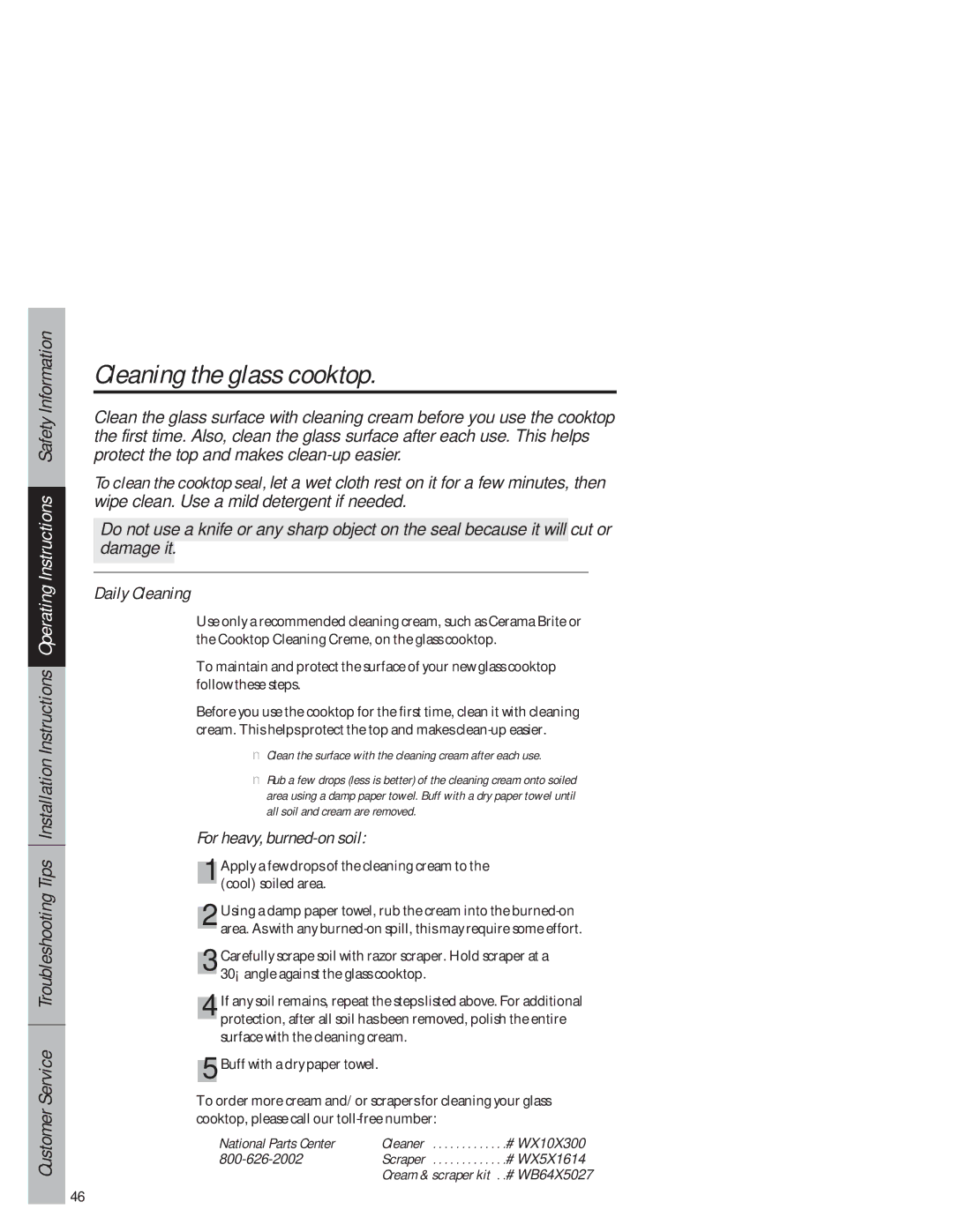 GE JB940 owner manual Cleaning the glass cooktop, Daily Cleaning, For heavy, burned-on soil, National Parts Center 