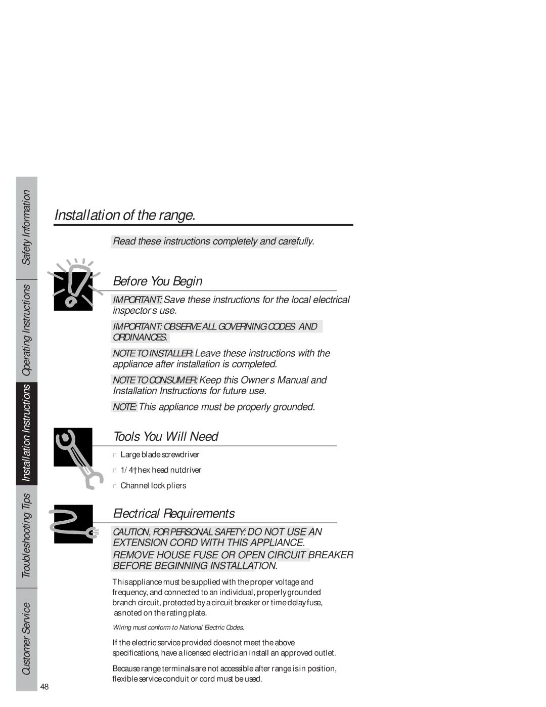 GE JB940 owner manual Installation of the range, Read these instructions completely and carefully 