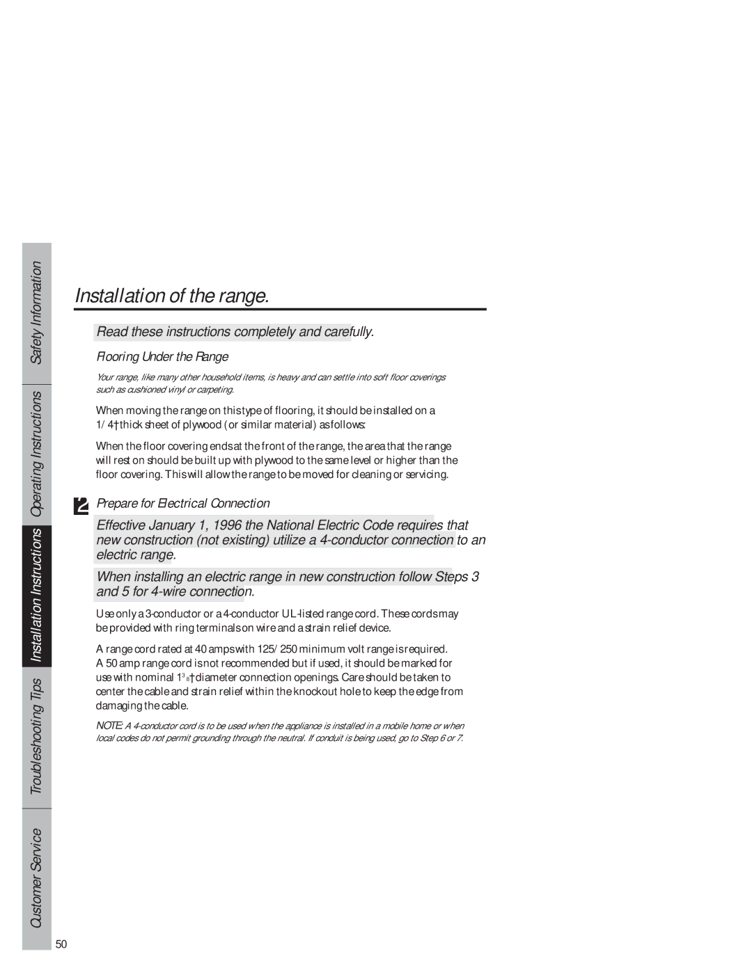 GE JB940 owner manual Flooring Under the Range, Prepare for Electrical Connection 