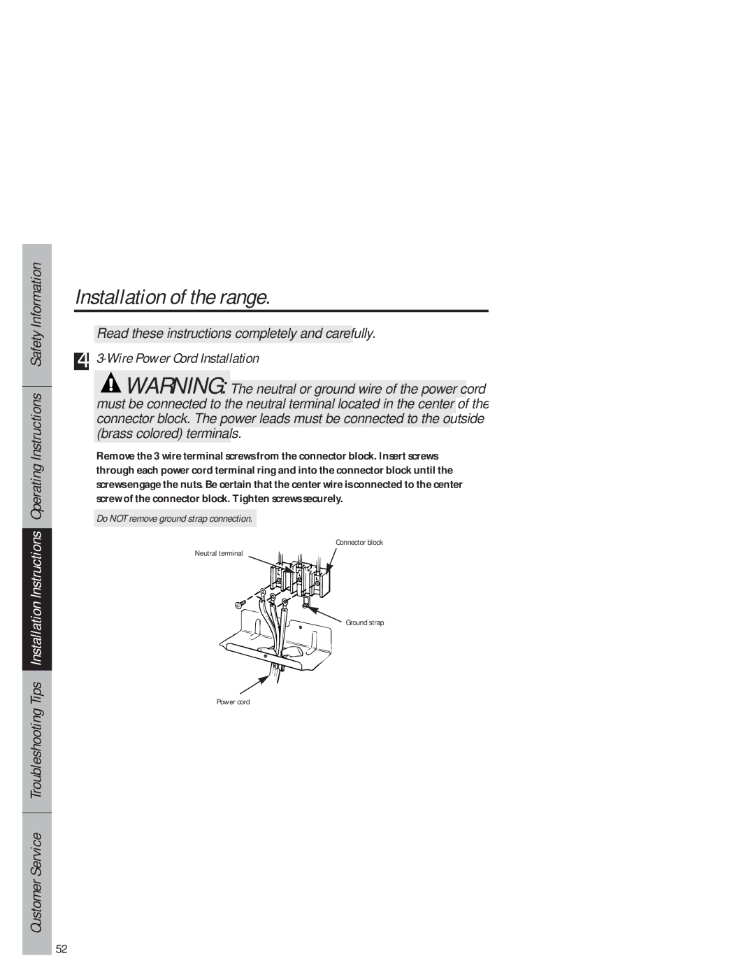 GE JB940 owner manual Wire Power Cord Installation, Do not remove ground strap connection 