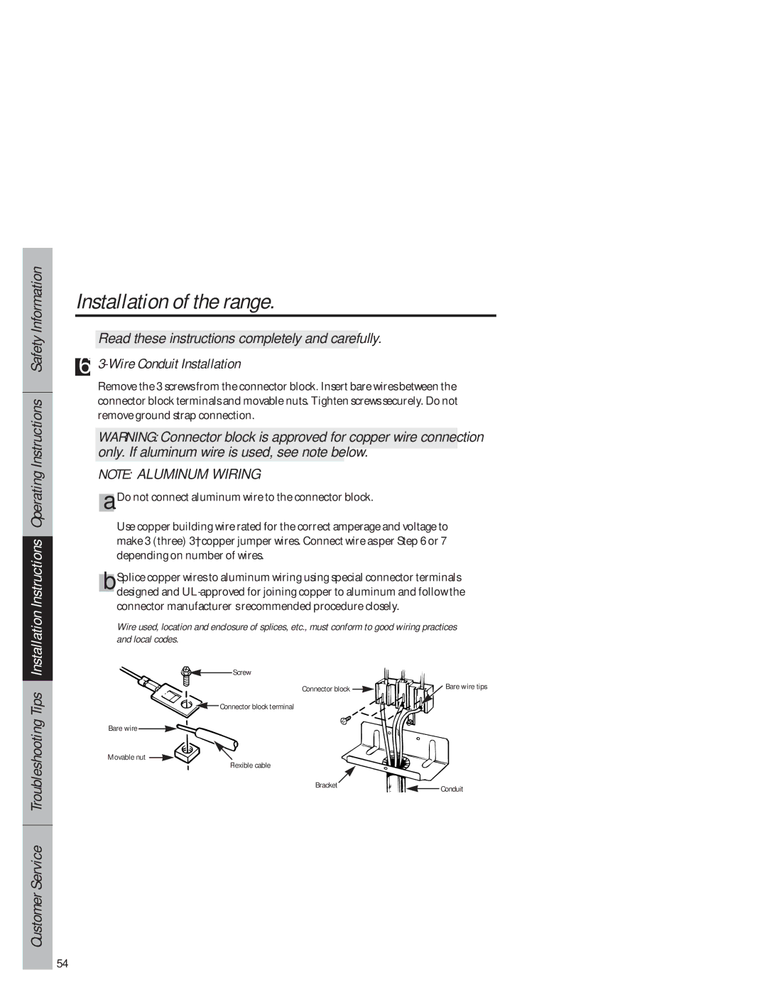 GE JB940 owner manual Wire Conduit Installation 