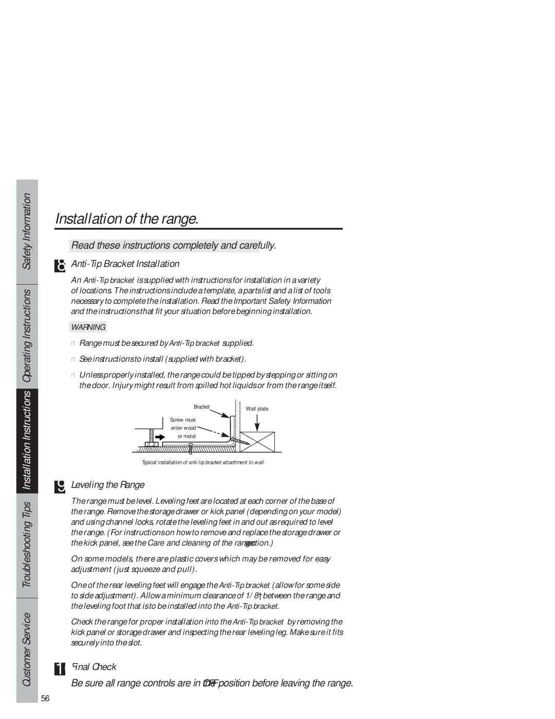 GE JB940 owner manual Anti-Tip Bracket Installation, Leveling the Range, Final Check 