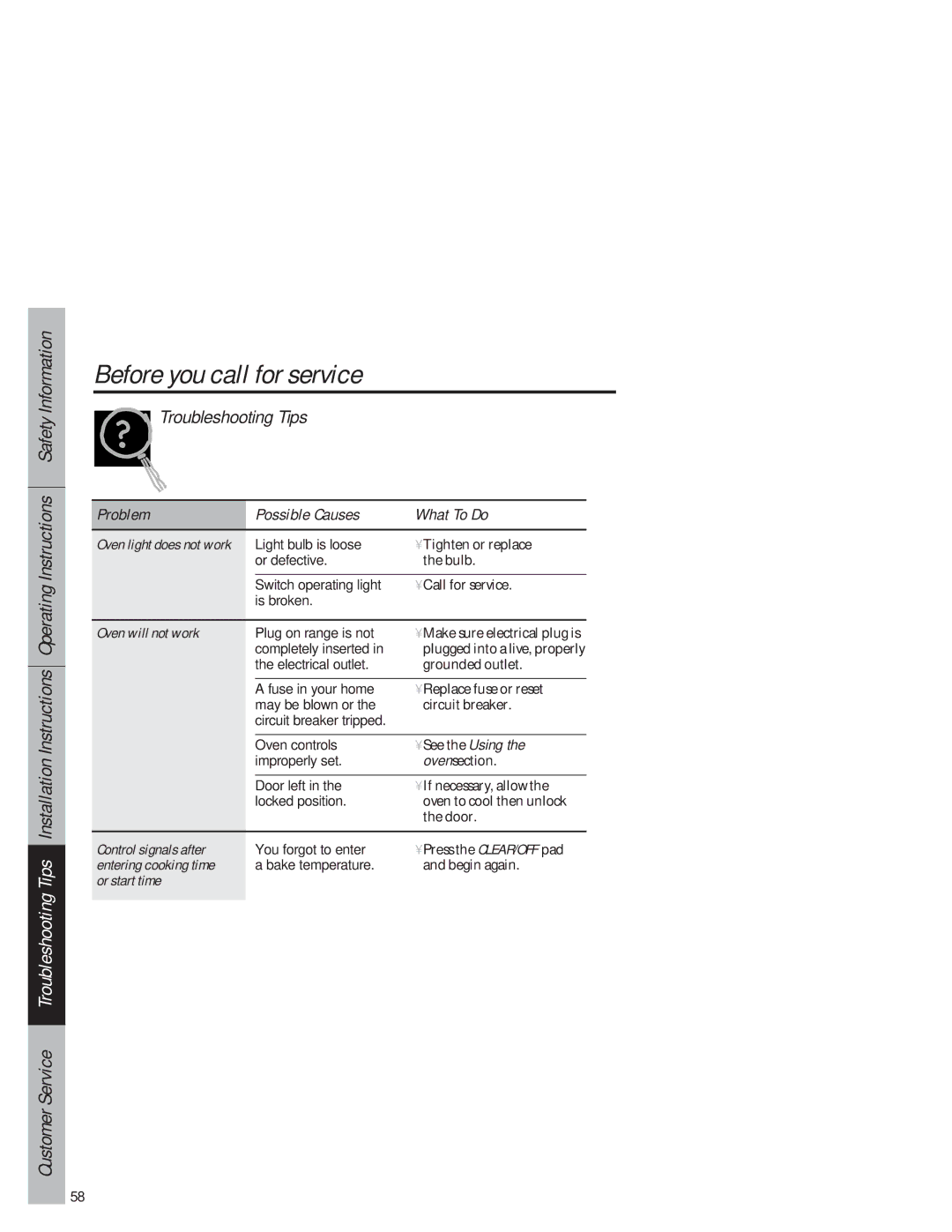 GE JB940 owner manual Oven will not work, See the Using, Control signals after, Entering cooking time, Or start time 