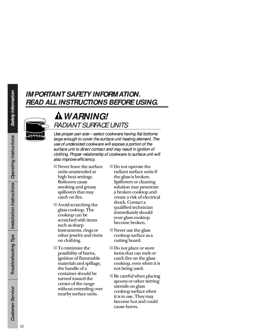 GE JB940 owner manual Radiant Surface Units, Instructions Safety Information 