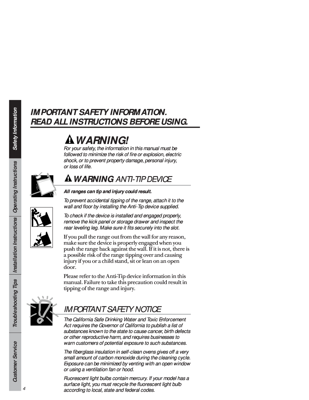 GE JB940 owner manual Warning Anti-Tip Device, Important Safety Notice, All ranges can tip and injury could result 