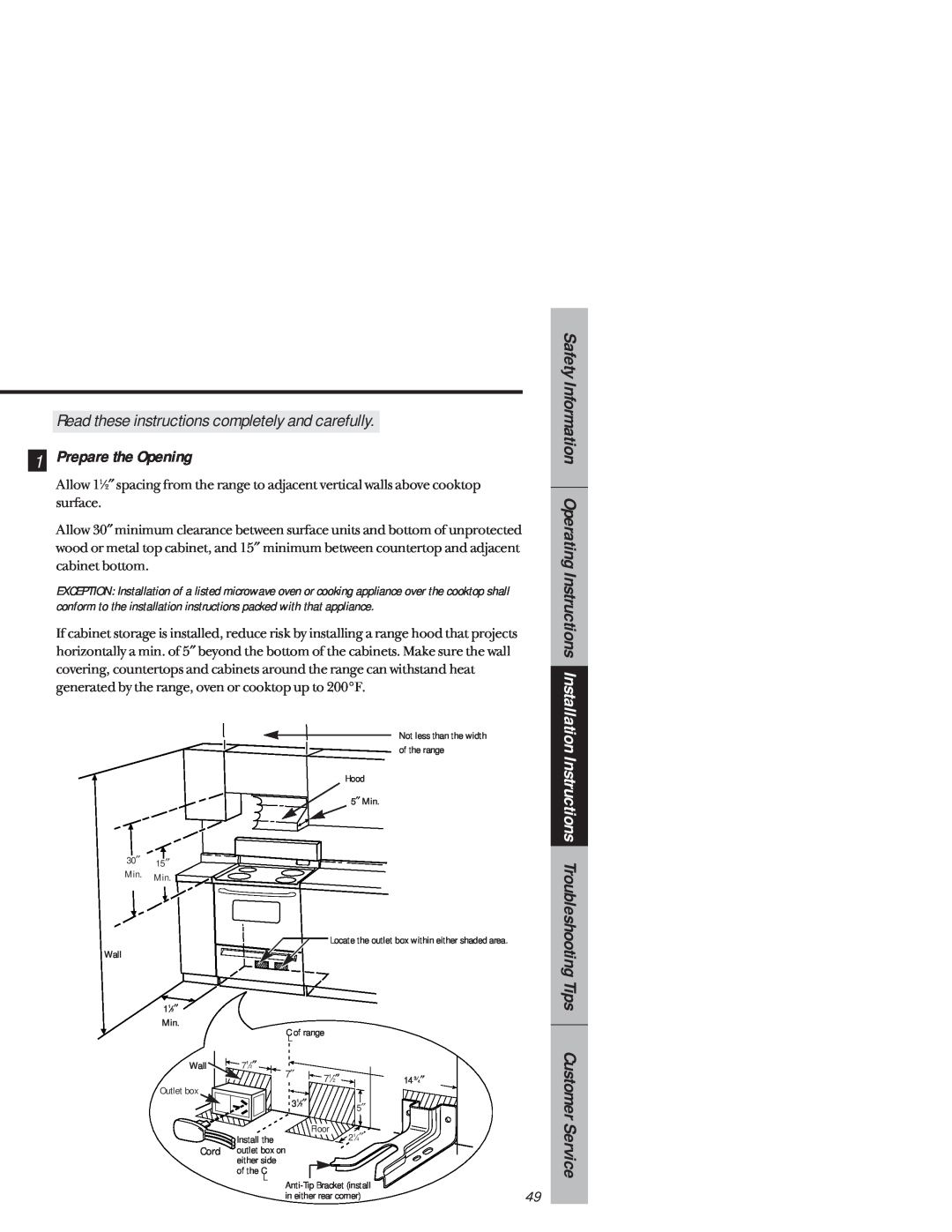 GE JB940 owner manual Prepare the Opening, Read these instructions completely and carefully, Hood, 1 1⁄ 2 ″ 