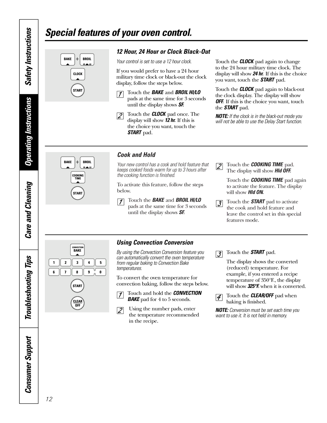 GE JB965 owner manual Cook and Hold, Using Convection Conversion, Your control is set to use a 12 hour clock 