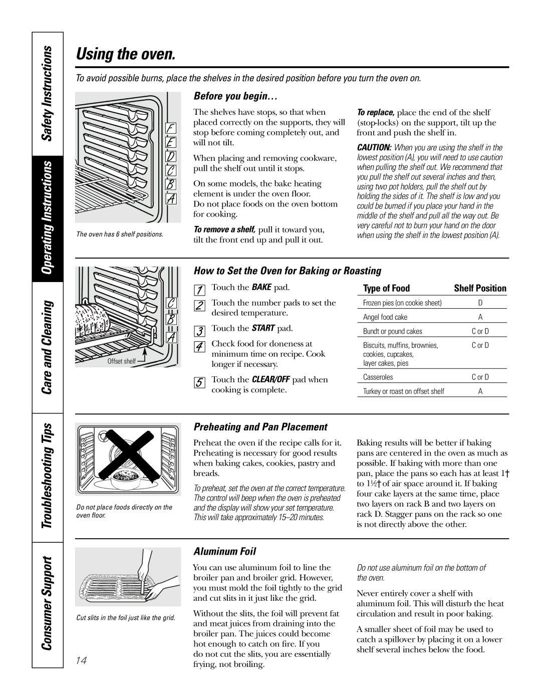 GE JB965 Tips, Troubleshooting, Before you begin…, Aluminum Foil, Do not use aluminum foil on the bottom of the oven 