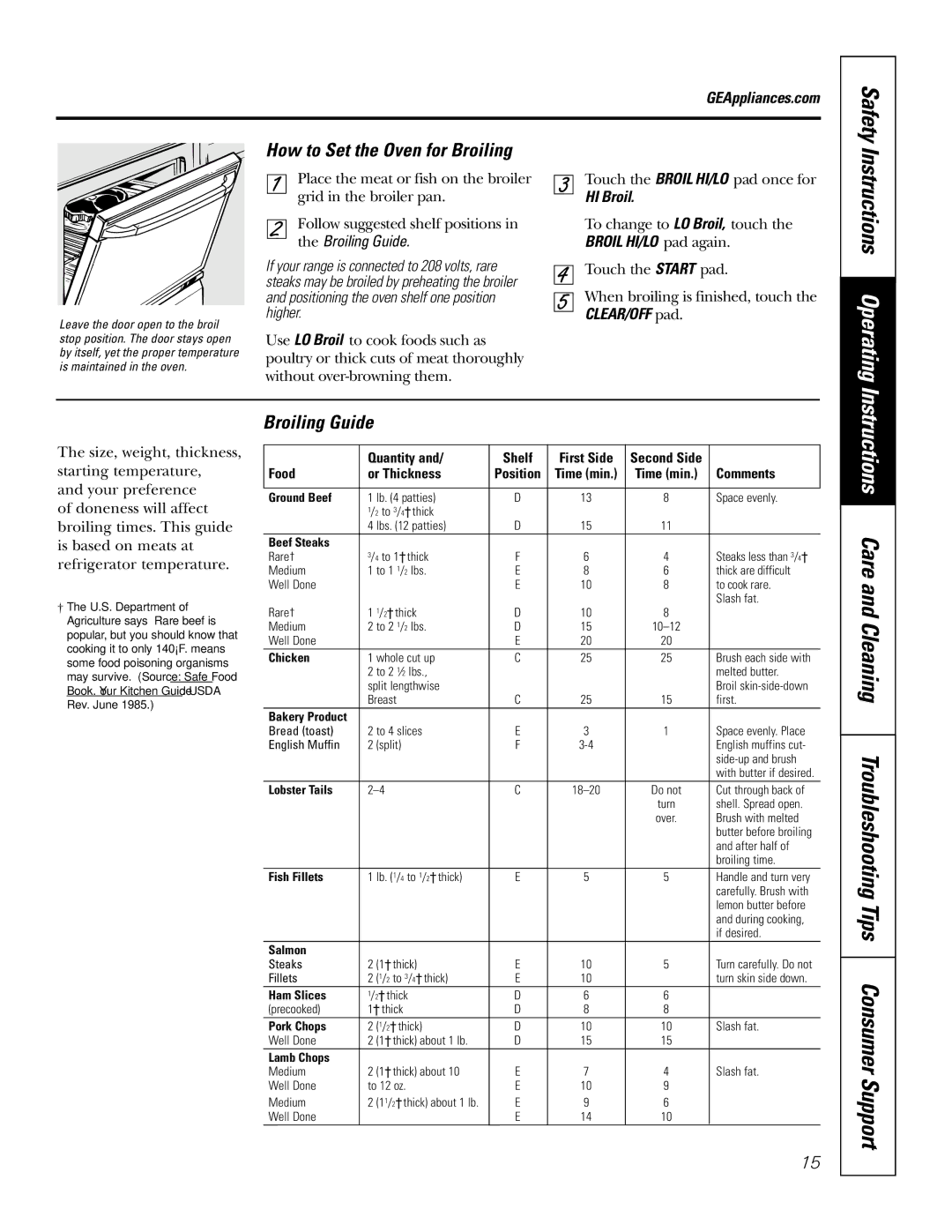 GE JB965 owner manual Instructions Operating, Safety, How to Set the Oven for Broiling, Broiling Guide 