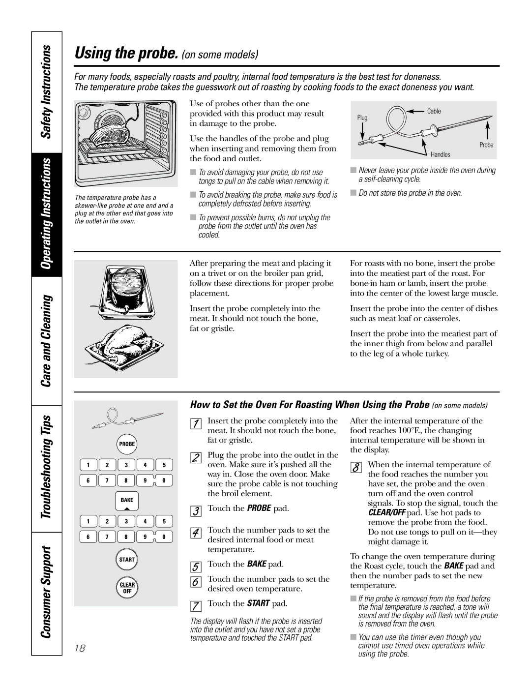 GE JB965 owner manual Using the probe. on some models, Operating Instructions Safety 