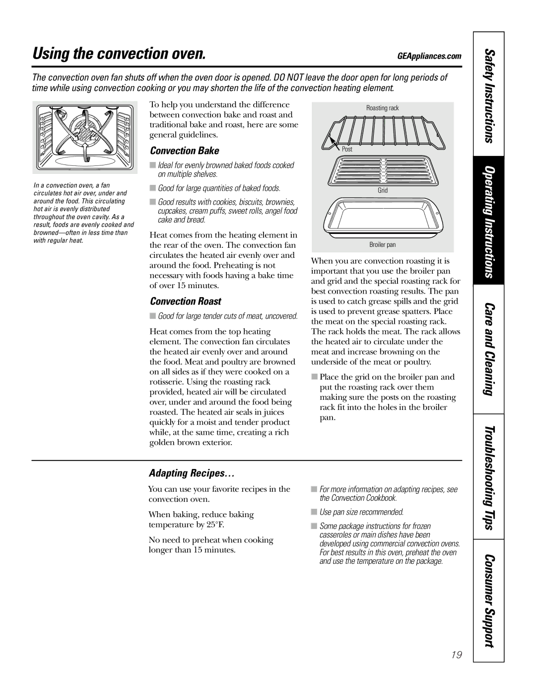 GE JB965 Using the convection oven, Convection Bake, Convection Roast, Adapting Recipes…, Use pan size recommended 