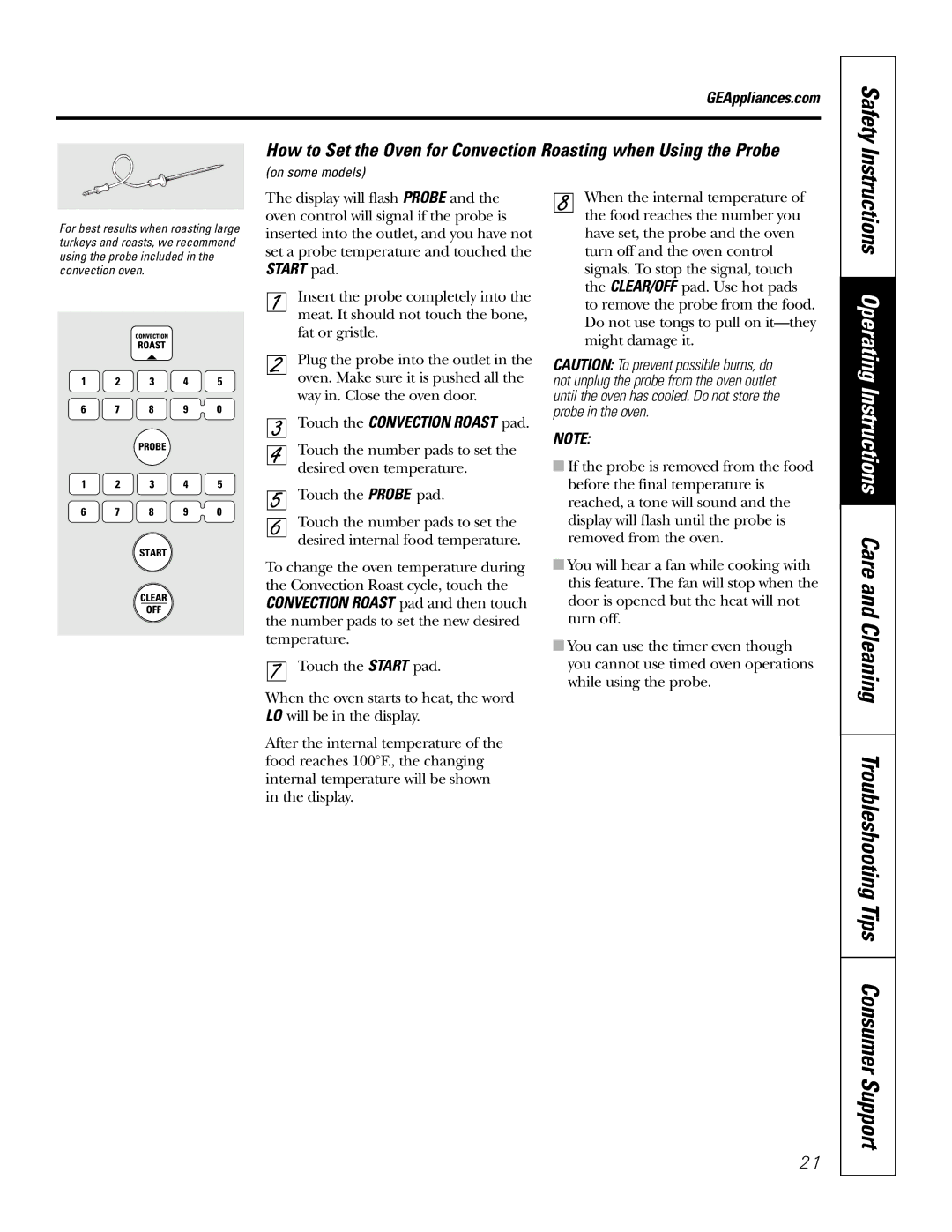 GE JB965 owner manual Touch the Convection Roast pad 