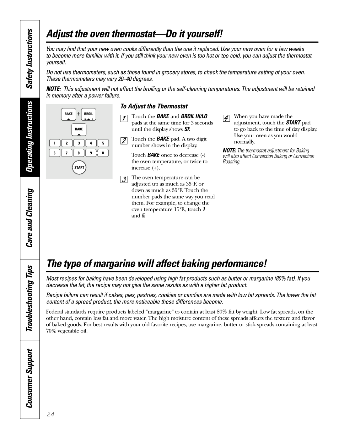 GE JB965 Adjust the oven thermostat-Do it yourself, Type of margarine will affect baking performance, Safety Instructions 