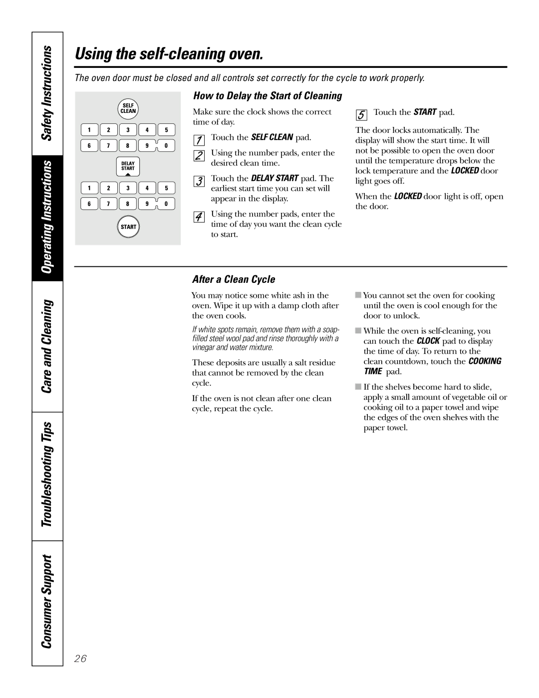 GE JB965 Consumer Support Troubleshooting Tips Care and Cleaning, After a Clean Cycle, How to Delay the Start of Cleaning 