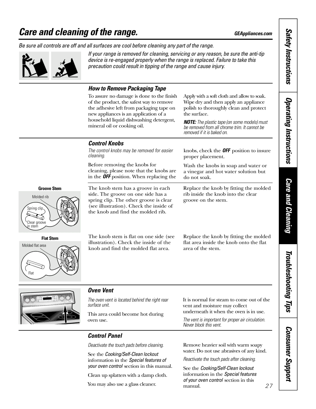 GE JB965 owner manual Care and cleaning of the range, Operating, Safety Instructions 