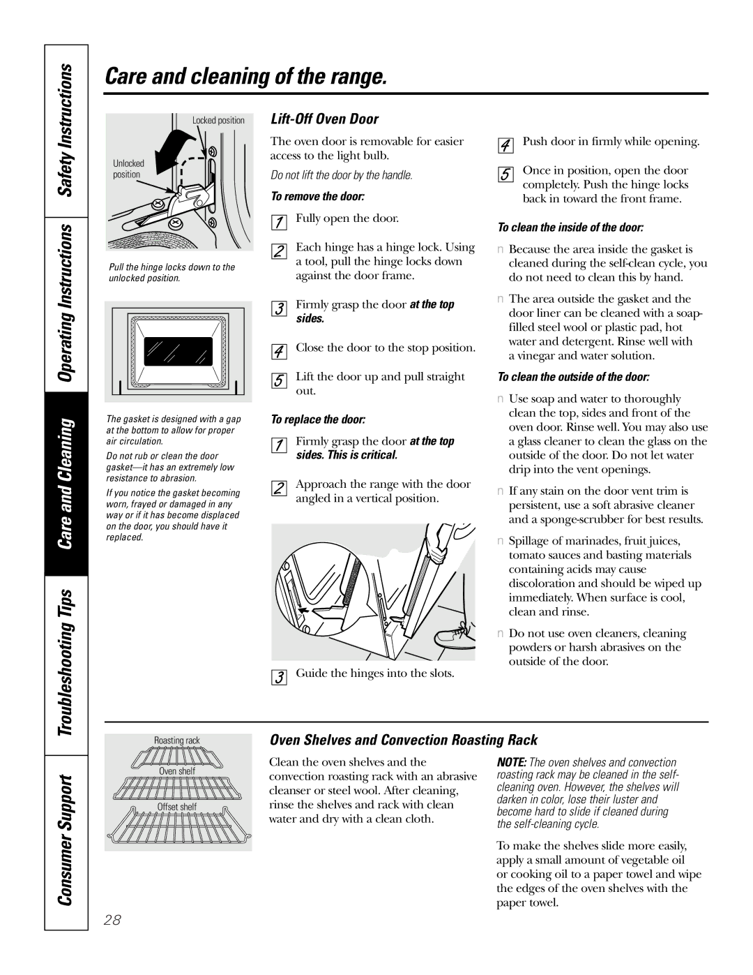 GE JB965 owner manual Lift-Off Oven Door, Oven Shelves and Convection Roasting Rack 
