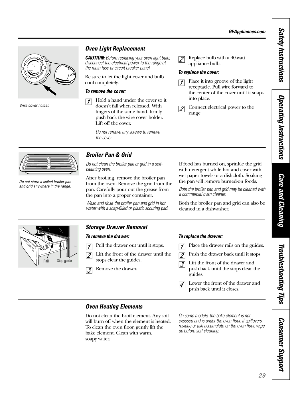 GE JB965 Instructions Operating Instructions, Oven Light Replacement, Broiler Pan & Grid, Storage Drawer Removal 