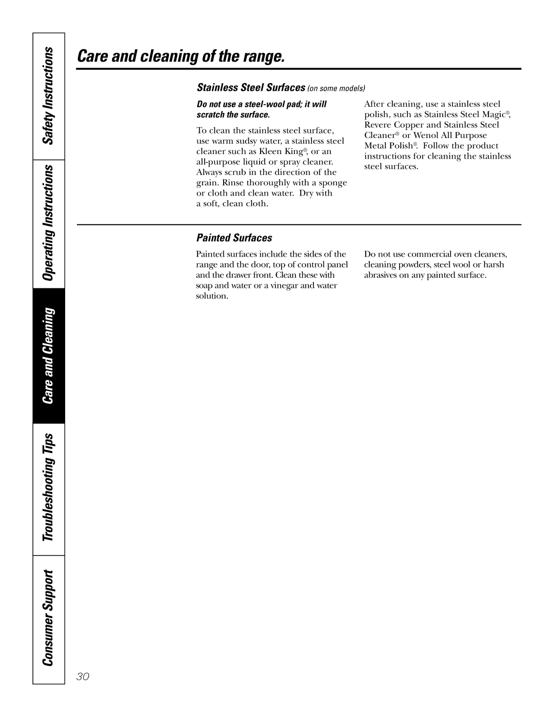 GE JB965 owner manual Instructions Safety, Stainless Steel Surfaces on some models, Painted Surfaces 