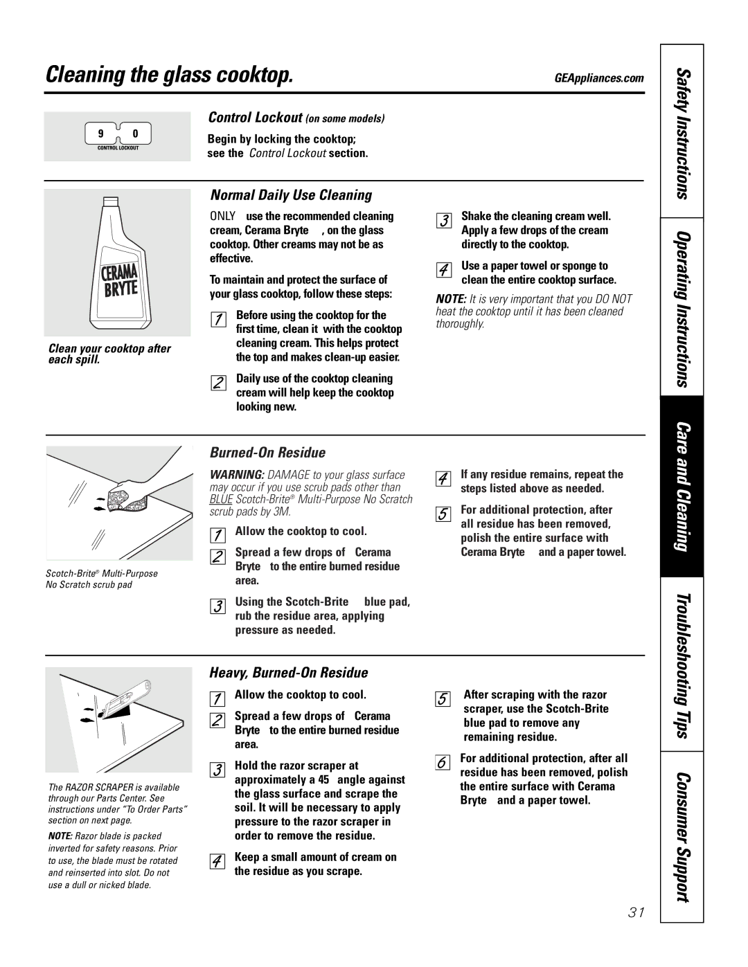 GE JB965 owner manual Cleaning the glass cooktop, Operating Instructions Care, Normal Daily Use Cleaning, Burned-On Residue 