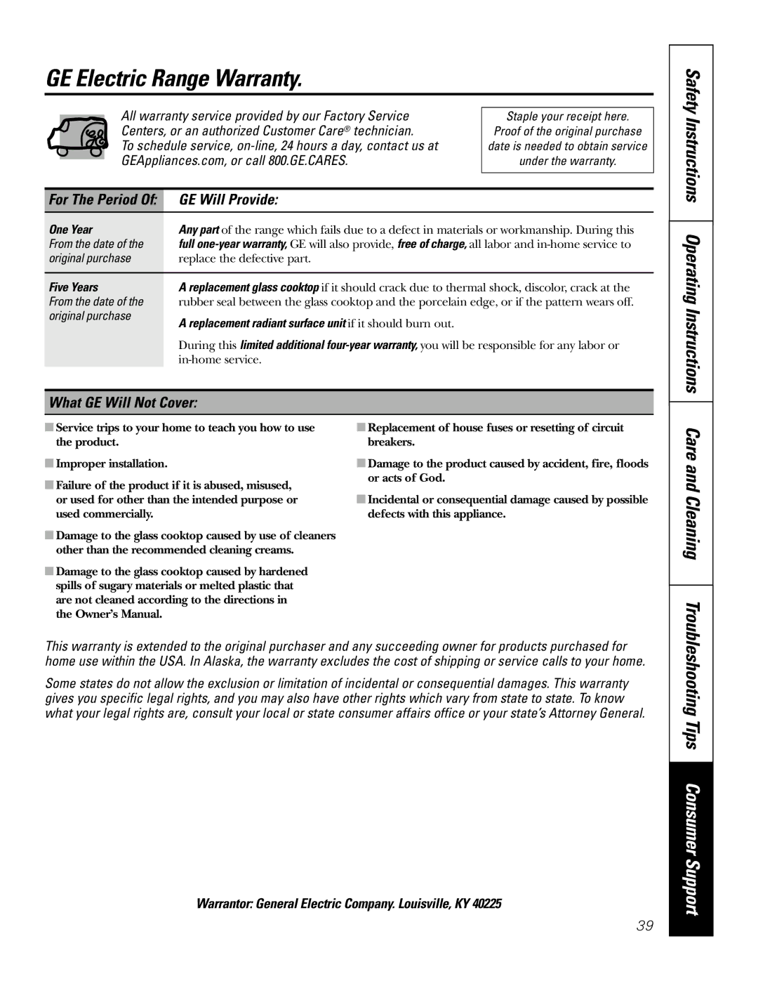 GE JB965 owner manual GE Electric Range Warranty, GE Will Provide, What GE Will Not Cover 