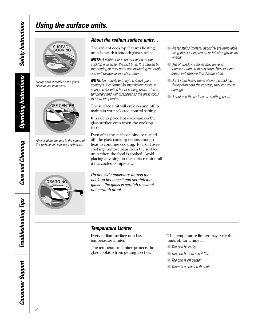 GE JB965 owner manual Instructions, Temperature Limiter, About the radiant surface units…, Do not slide cookware across 