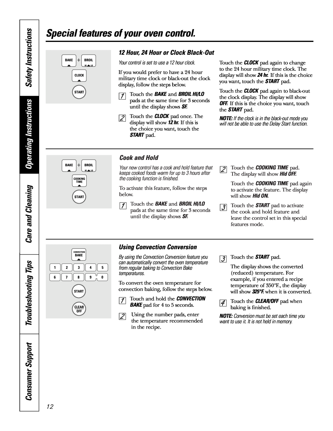 GE JB965 Operating Instructions Safety, Consumer Support Troubleshooting Tips, Cook and Hold, Using Convection Conversion 