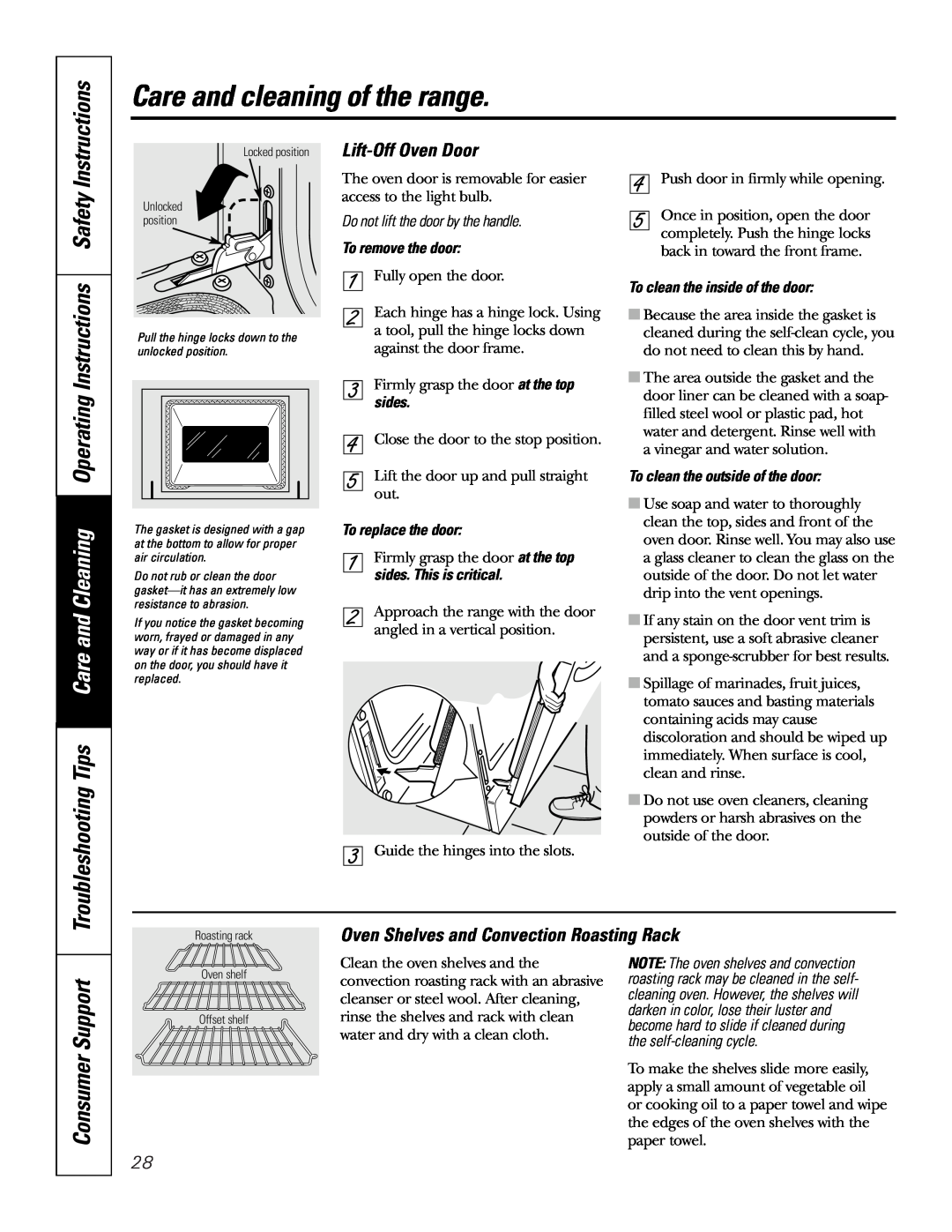 GE JB965 Troubleshooting Tips Care and Cleaning Operating Instructions Safety, Lift-Off Oven Door, Consumer Support 