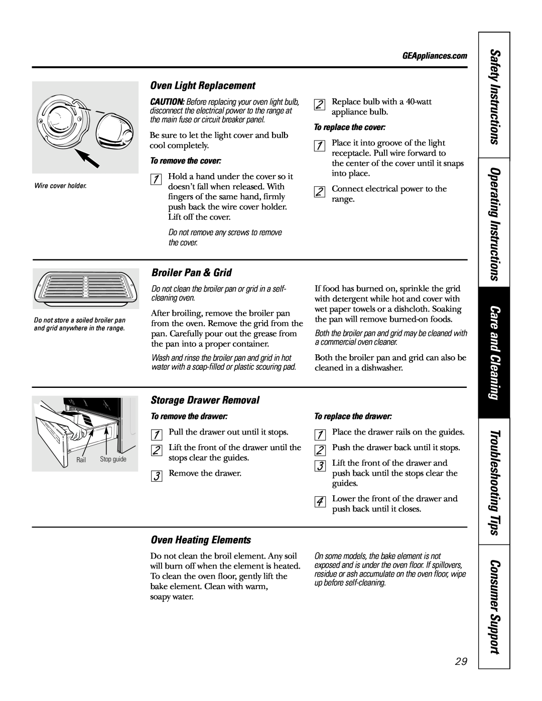 GE JB965 Instructions Operating Instructions, Oven Light Replacement, Broiler Pan & Grid, Storage Drawer Removal, Safety 