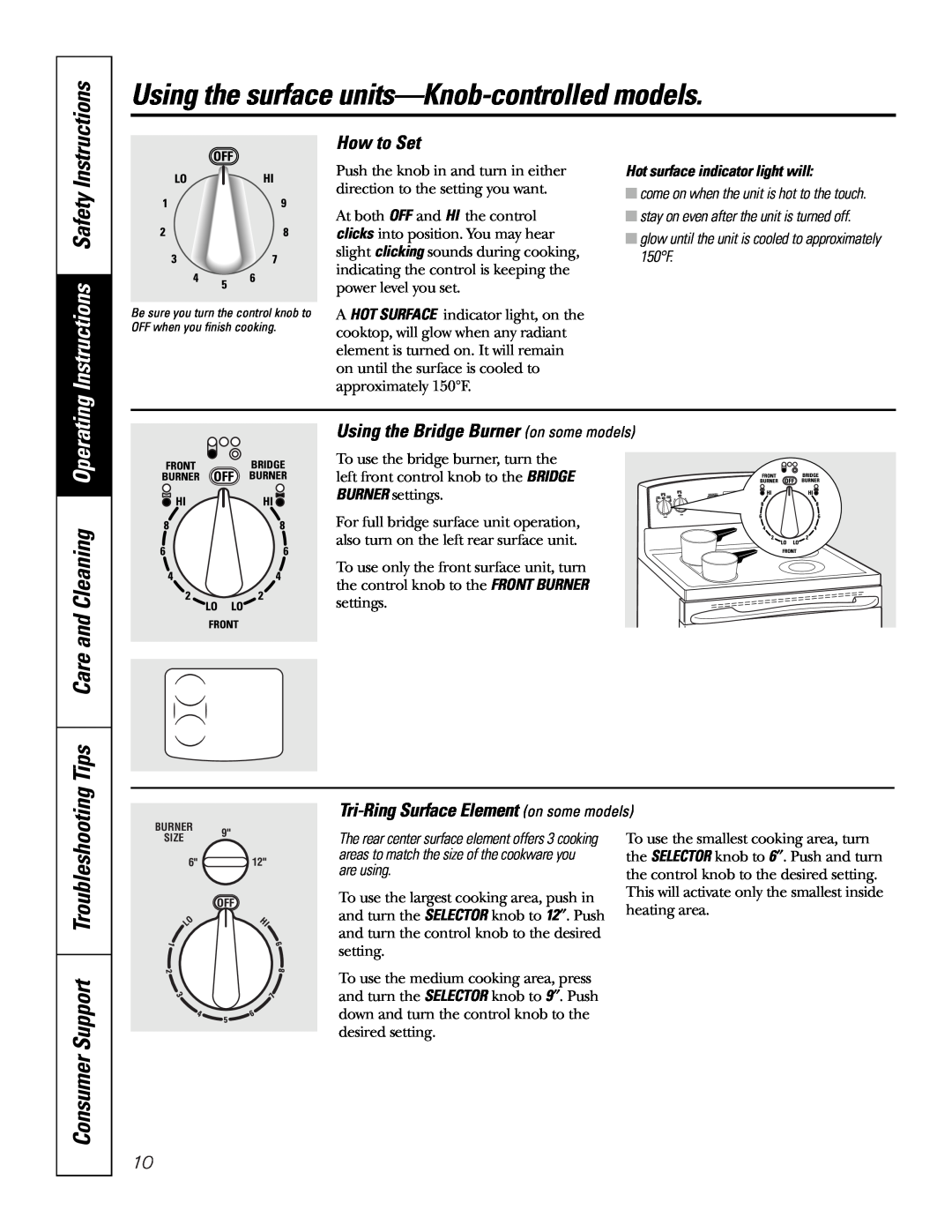 GE JB968 Using the surface units-Knob-controlled models, Instructions Safety, Tips Care and Cleaning Operating, How to Set 