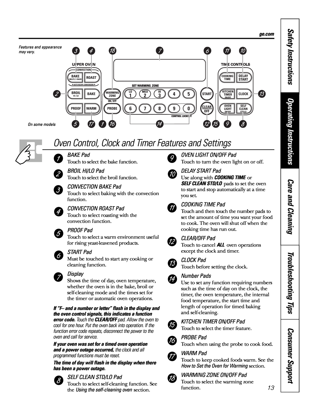 GE JB968 Oven Control, Clock and Timer Features and Settings, Care and Cleaning Troubleshooting Tips Consumer Support 