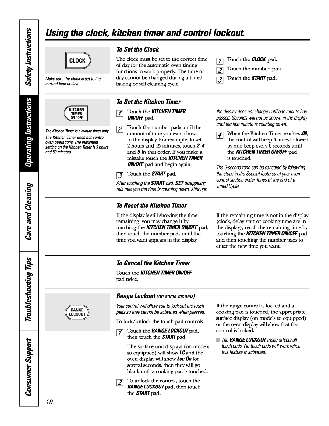 GE JB968 manual Using the clock, kitchen timer and control lockout, Care and, Tips, Cleaning Operating Instructions, Safety 