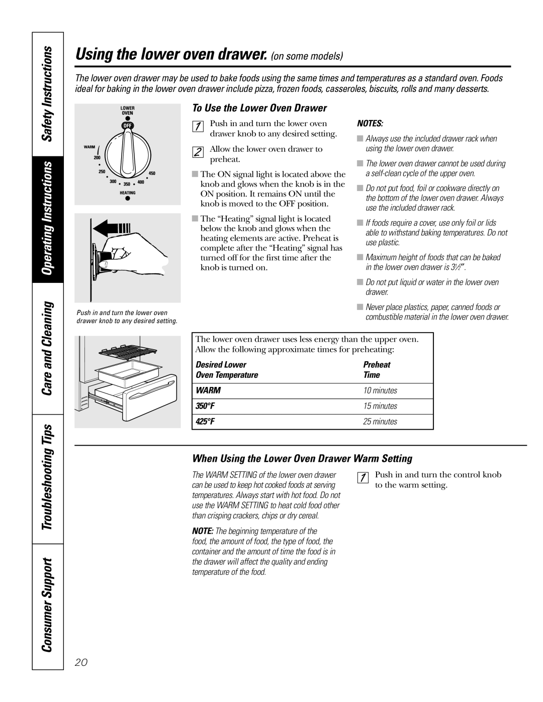 GE JB968 manual Using the lower oven drawer. on some models, Tips Care and, Cleaning Operating Instructions Safety 