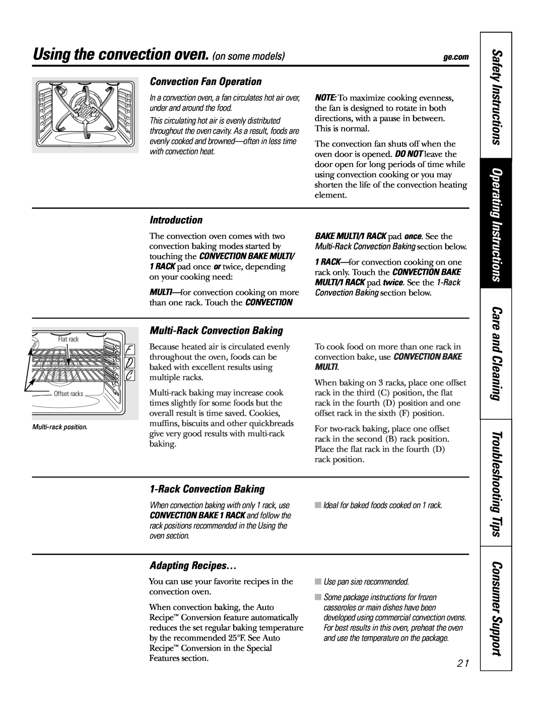 GE JB968 Using the convection oven. on some models, Instructions Operating, Instructions Care, Convection Fan Operation 