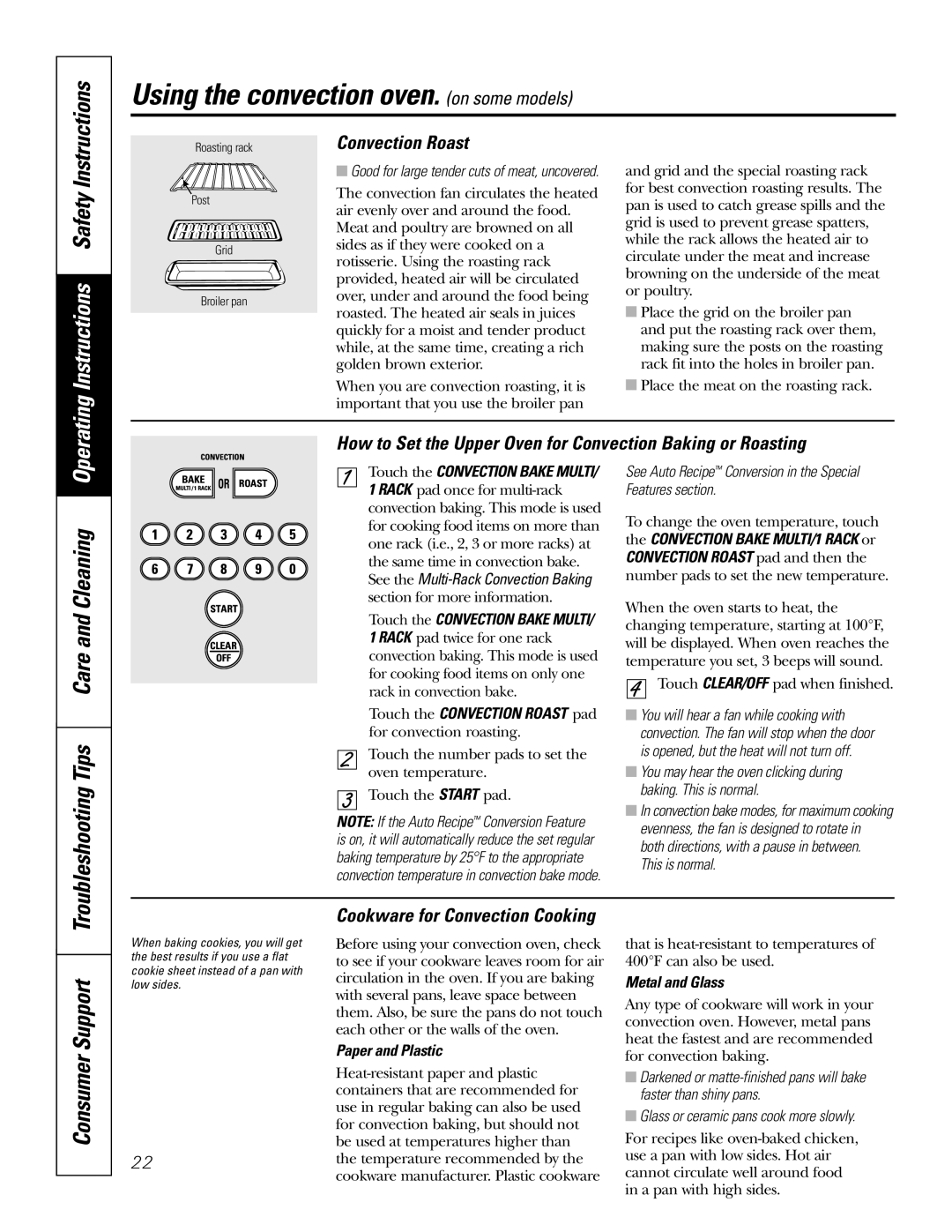 GE JB968 manual Troubleshooting Tips Care and Cleaning, Convection Roast, Cookware for Convection Cooking, Instructions 