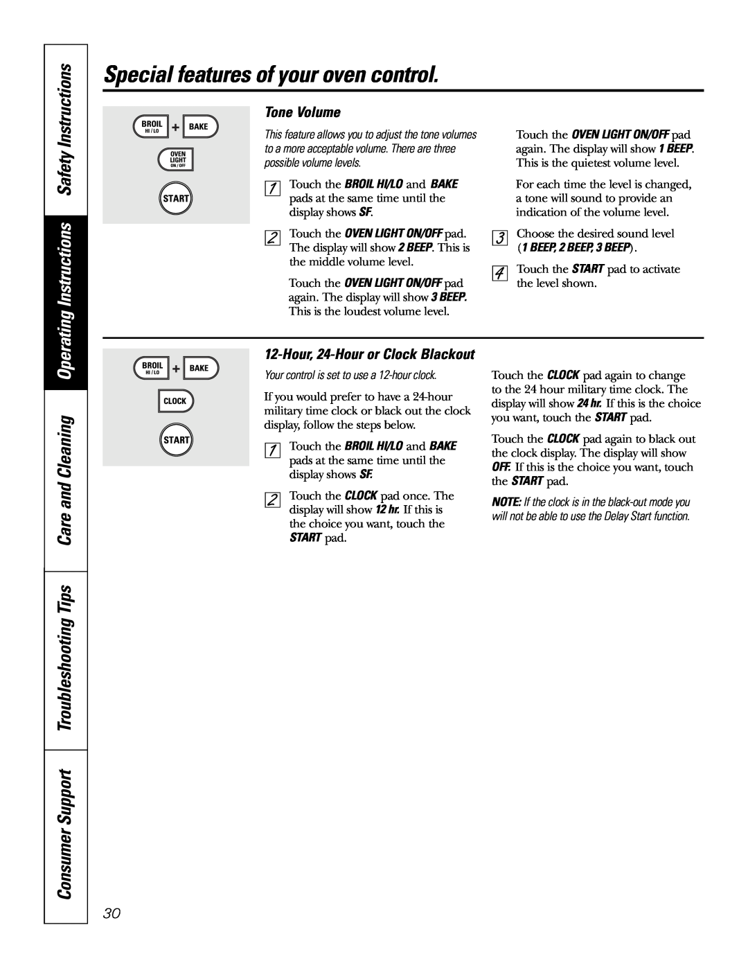 GE JB968 manual Consumer Support Troubleshooting Tips Care and Cleaning, Operating Instructions Safety, Tone Volume 