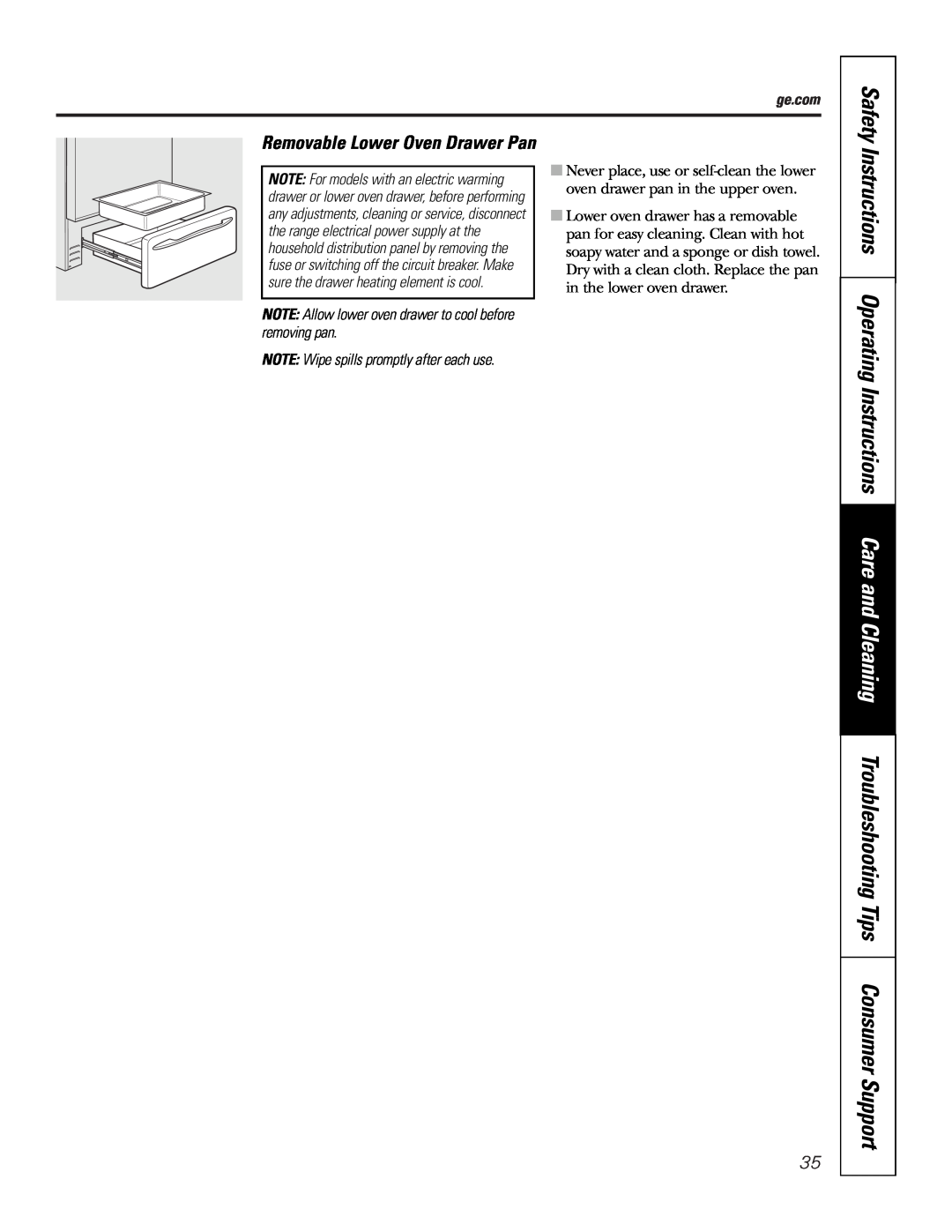 GE JB968 manual Removable Lower Oven Drawer Pan, Safety, NOTE Allow lower oven drawer to cool before removing pan 