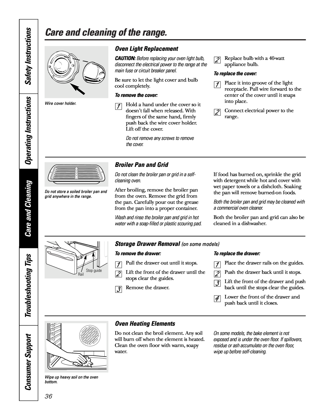 GE JB968 Operating Instructions Safety, Care and Cleaning, Troubleshooting, Oven Light Replacement, Broiler Pan and Grid 