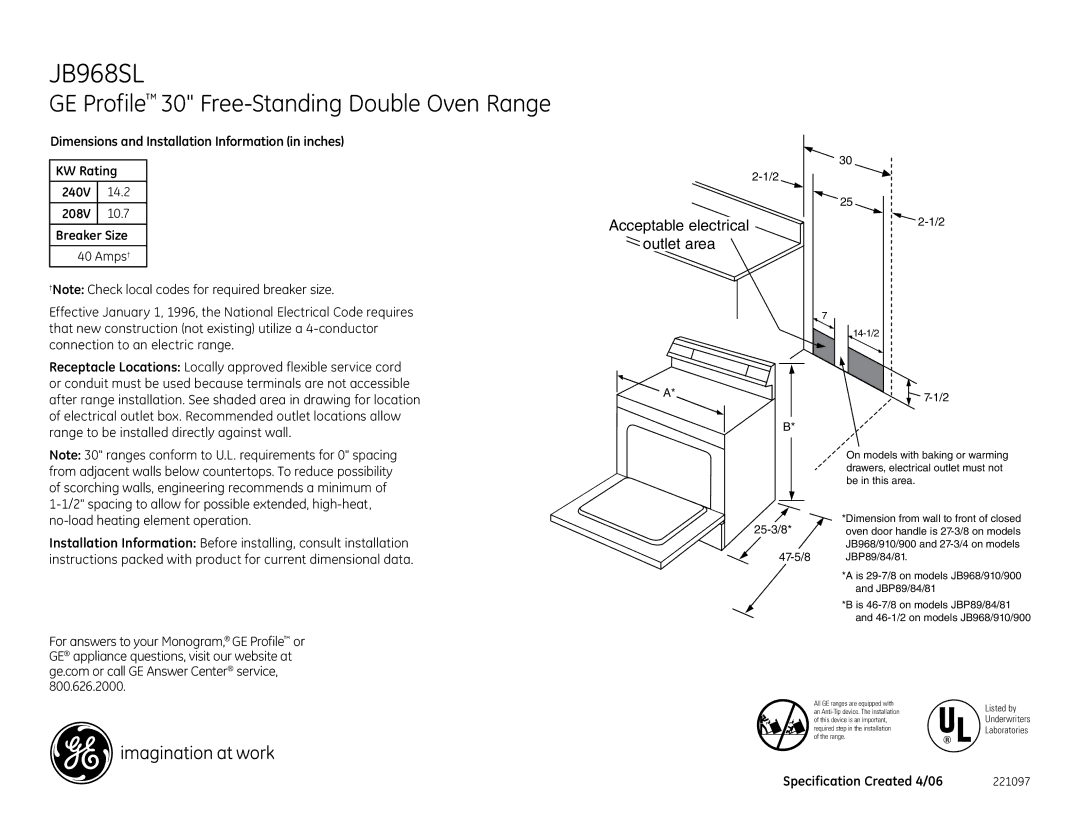 GE JB968SL installation instructions GE Profile 30 Free-Standing Double Oven Range, Acceptable electrical Outlet area 