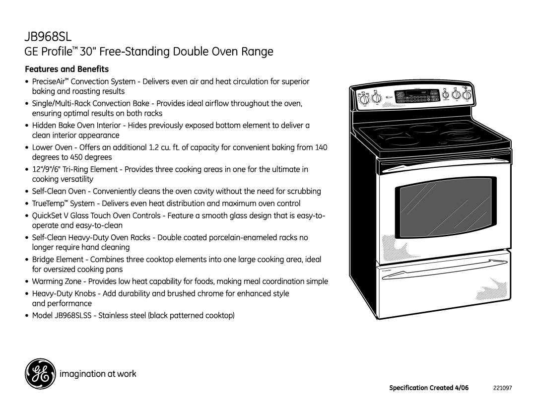 GE JB968SL installation instructions GE Profile 30 Free-Standing Double Oven Range, Features and Benefits 