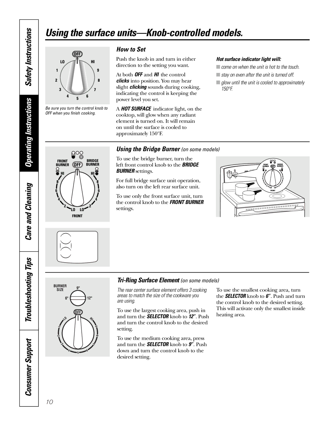 GE JB988 owner manual Using the surface units-Knob-controlled models, Tips Care and Cleaning Operating, How to Set 