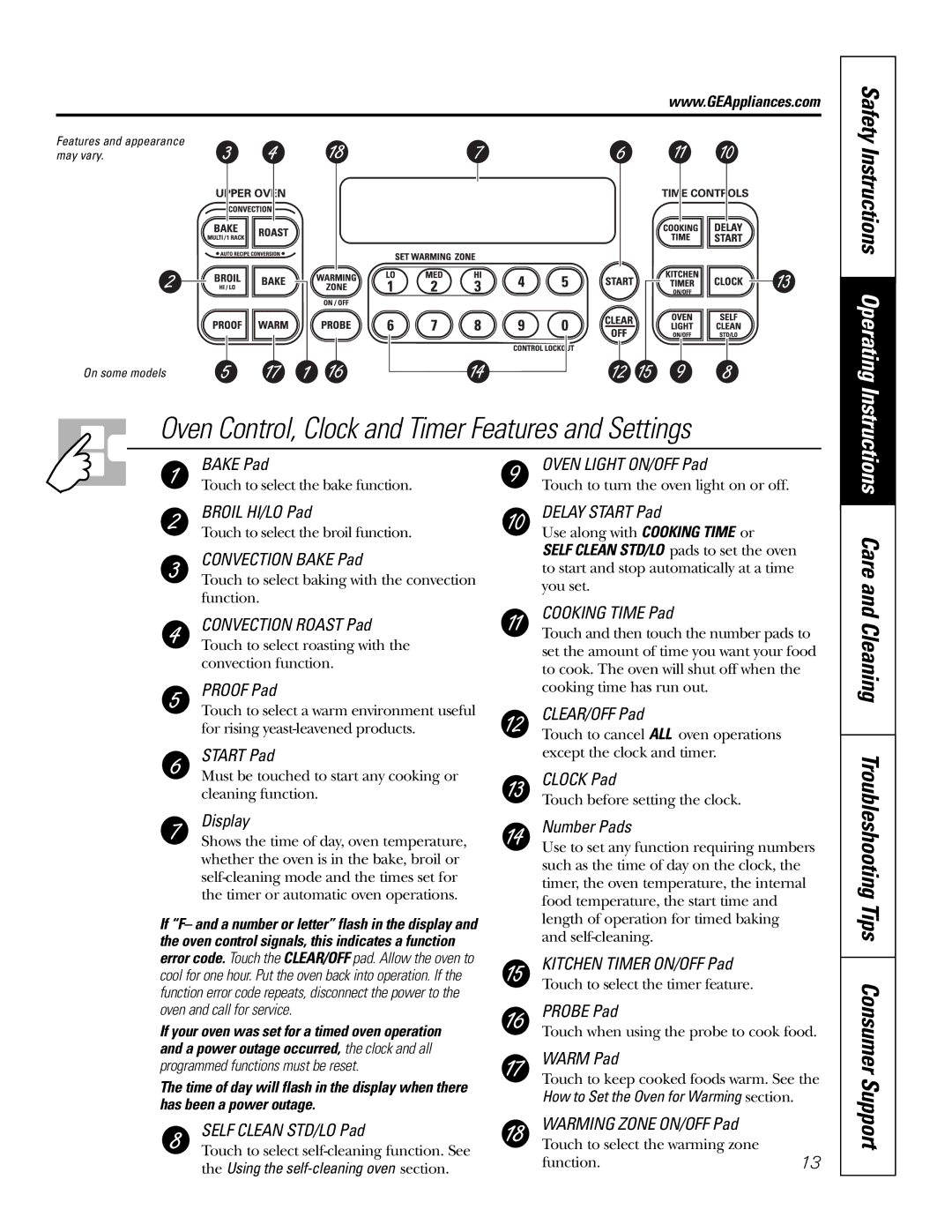 GE JB988 Oven Control, Clock and Timer Features and Settings, Care and Cleaning Troubleshooting Tips Consumer Support 