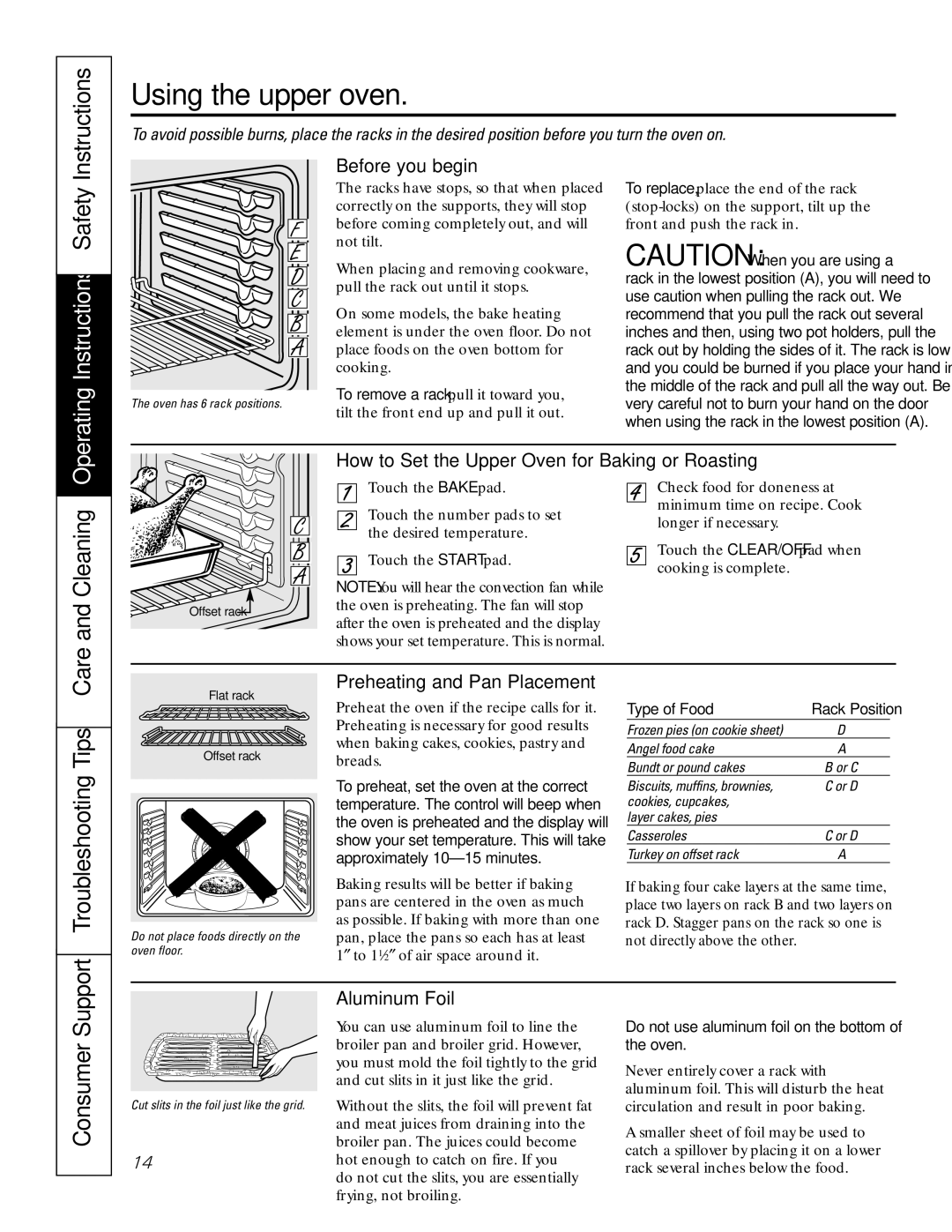 GE JB988 owner manual Preheating and Pan Placement, Aluminum Foil, Before you begin…, Type of Food 